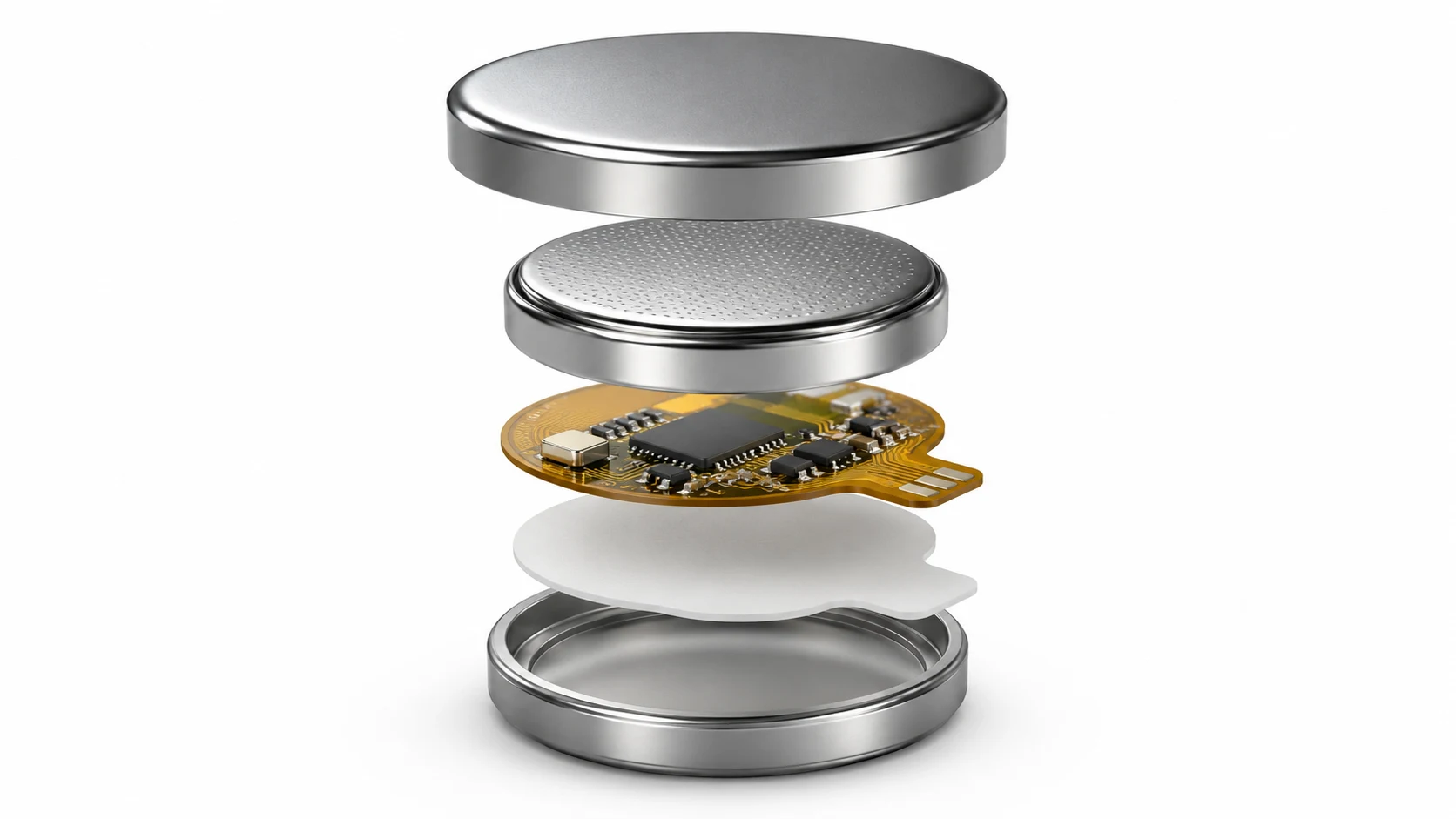 Exploded concept rendering of the Lo-Key smart battery with shell, internal cell, and flexible circuit