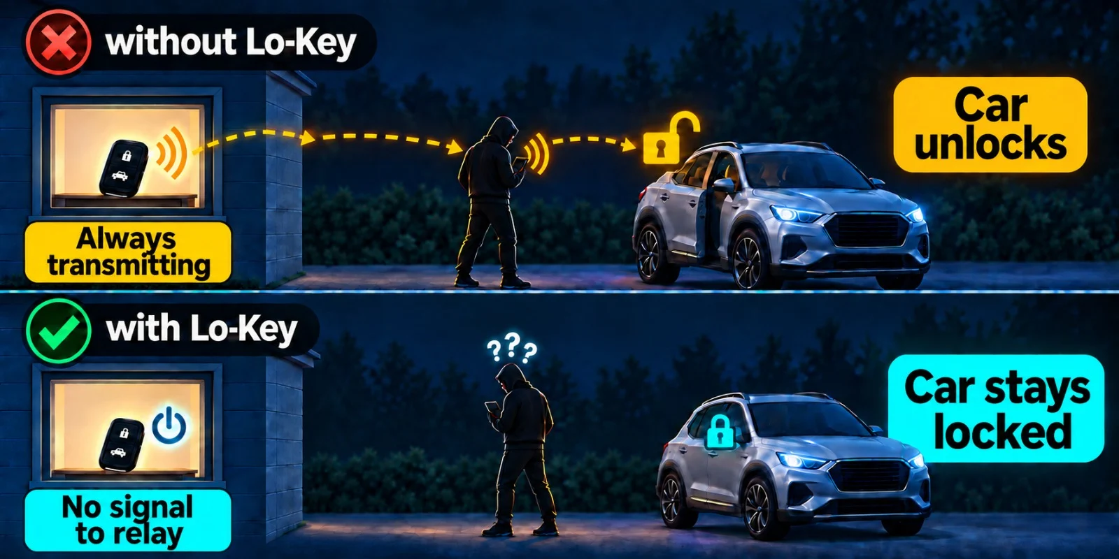 Comparison showing a relay attack succeeding when a key fob keeps transmitting, and failing when Lo-Key powers down the idle fob so the vehicle stays locked